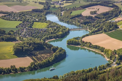 Aerial view, Hennetalsperre, Hennesee, excursion boat, holiday home complex Hennestrand, KNAUS