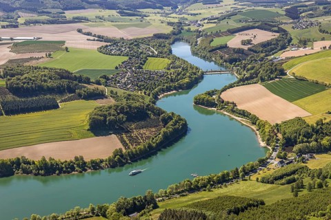 Aerial view, Hennetalsperre, Hennesee, excursion boat, holiday home complex Hennestrand, KNAUS