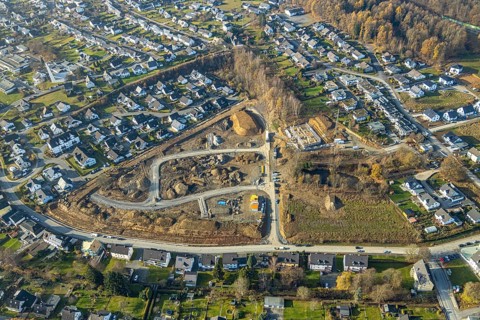 Aerial view, construction area residential development Waldstraße, former concrete plant