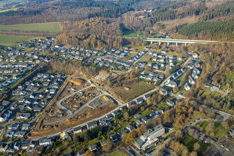 Aerial view, construction area residential development Waldstraße, former concrete plant
