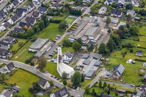 Aerial view, former Johannes church becomes holiday flat, Evang. Johannes kindergarten,