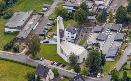 Aerial view, former Johannes church becomes holiday flat, Evang. Johannes kindergarten,