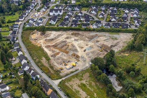 Aerial view, construction site construction area residential development Waldstraße, former