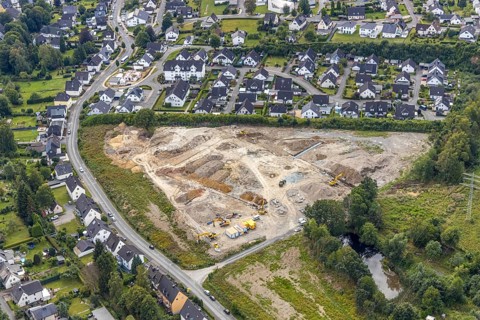Aerial view, construction site construction area residential development Waldstraße, former