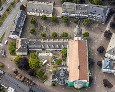 Aerial view, Catholic parish church St. Walburga, construction site renovation, war memorial,