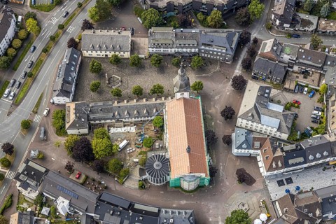 Aerial view, Catholic parish church of St. Walburga, construction site renovation, war memorial,