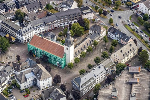 Aerial view, Catholic parish church St. Walburga, construction site renovation, war memorial,