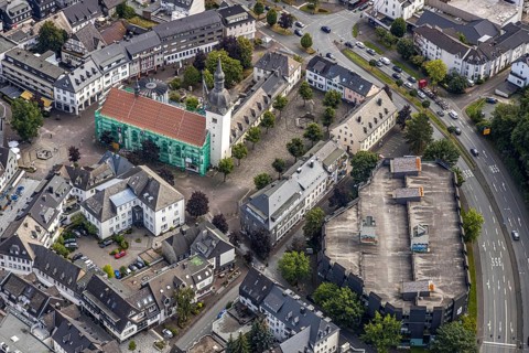Aerial view, Catholic parish church St. Walburga, construction site renovation, war memorial,