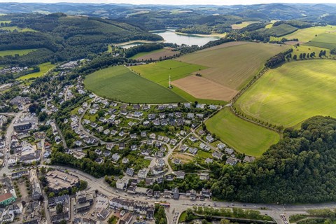 Aerial view, town view, Meschede, planned building area near Langelohweg, Hennesee, Hennetalsperre,