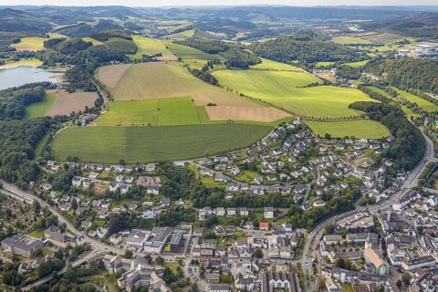 Aerial view, town view, Meschede, planned building area near Langelohweg, Sauerland,