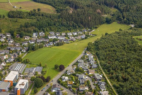 Aerial view, grammar school of the city of Meschede, meadow area Schederweg, planned building area