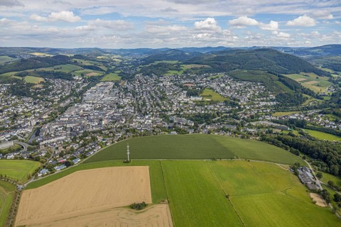 Aerial view, possible building area, town view, Meschede, planned building area near Langelohweg,