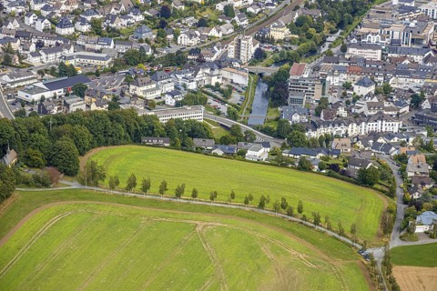 Aerial view, possible building area, meadows and fields, Berghauser Weg, Ritter-Freseken-Straße,