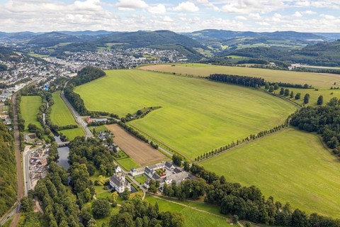 Aerial view, possible building area, Laer Castle, river Ruhr, timber trade Schulte-Albert, meadows