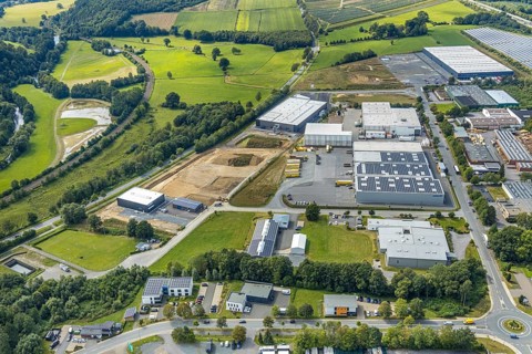 Aerial view, construction site new building Lausberg Kunststofftechnik, industrial estate