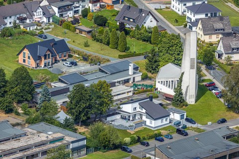 Aerial view, former JohannesKirche becomes holiday flat, Evang. Johannes-Kindergarten, Meschede,