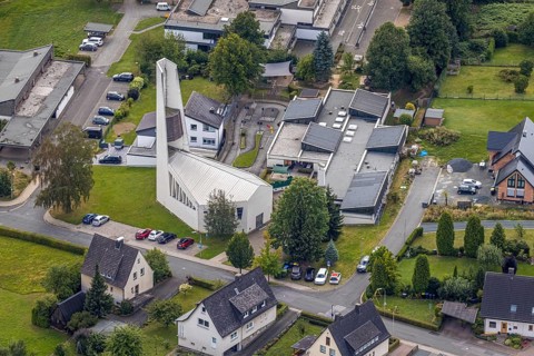 Aerial view, former JohannesKirche becomes holiday flat, Evang. Johannes-Kindergarten, Meschede,