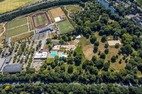 Aerial view, ENNI Solimare swimming pool, ENNI event hall, Mörser TV Hockey, Vinn, Mörs, Ruhr area,