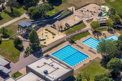 Aerial photo, ENNI Solimare swimming pool, Vinn, Mörs, Ruhr area, North Rhine-Westphalia, Germany,