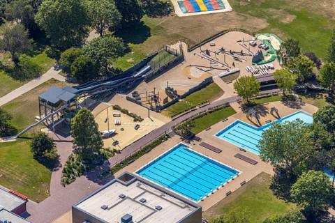 Aerial photo, ENNI Solimare swimming pool, Vinn, Mörs, Ruhr area, North Rhine-Westphalia, Germany,