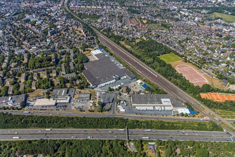 Aerial view, motorway A40, Venloher Straße, Ruhrorter Straße, EDEKA Frischecenter Mörs, logistics