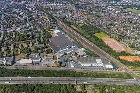 Aerial view, motorway A40, Venloher Straße, Ruhrorter Straße, EDEKA Frischecenter Mörs, logistics