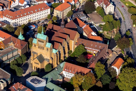 Aerial view, Minden Cathedral, St. Michaelshaus retirement home and nursing home, city centre,
