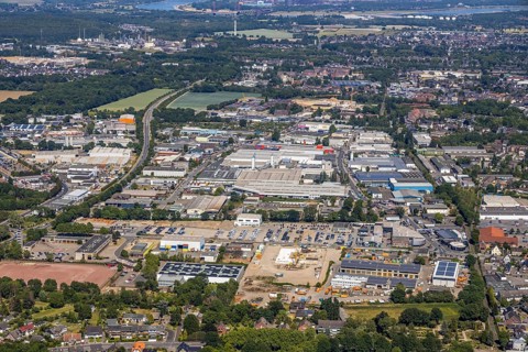 Aerial photo, industrial estate Hülsdonk, Berufskolleg Mörs, Mörs, Ruhr area, North