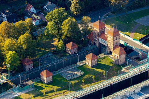 Aerial view, waterway junction Minden, Weserschleuse Minden, Nordstadt, Minden, Ostwestfalen-Lippe,
