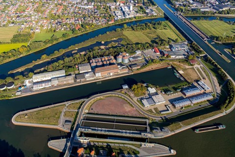 Aerial view, waterway junction Minden, river Weser, Mittellandkanal, Nordstadt, Minden,