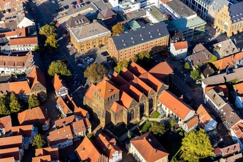 Aerial view, city centre, Ev.-Luth. St.-Martini Church, Weser-Kolleg, Minden, Ostwestfalen-Lippe,