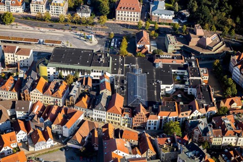 Aerial view, civic hall, ZOB Minden, city centre, Minden, Ostwestfalen-Lippe, OWL, North