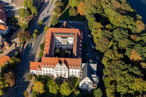 Aerial view, new government building at Weserglacis, city centre, Minden, Ostwestfalen-Lippe, OWL,