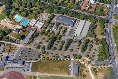 Aerial photo, ENNI Solimare swimming pool, ENNI event hall, Vinn, Mörs, Ruhr area, North