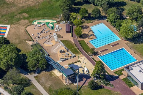 Aerial photo, ENNI Solimare swimming pool, Vinn, Mörs, Ruhr area, North Rhine-Westphalia, Germany,