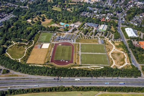 Aerial view, motorway junction 8 Mörs, motorway A40, Mörser TV Hockey, TPM Tennis-Park Mörs, Mörs,