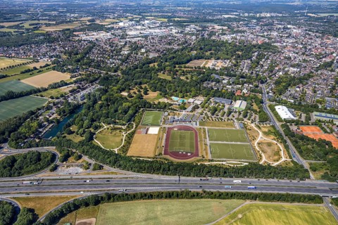 Aerial view, motorway junction 8 Mörs, motorway A40, Mörser TV Hockey, TPM Tennis-Park Mörs, Mörs,