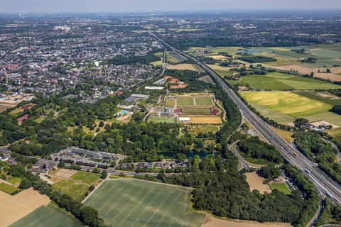 Aerial view, motorway junction 8 Mörs, motorway A40, Mörser TV Hockey, TPM Tennis-Park Mörs, Mörs,