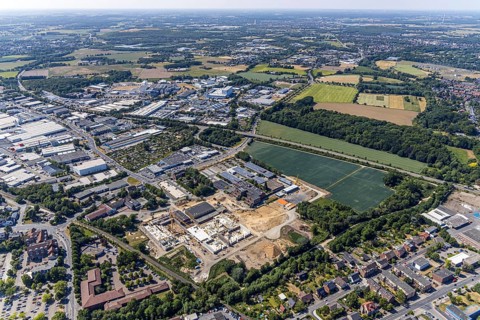 Aerial photo, Berufskolleg für Technik Mörs, construction site of new school building, vocational