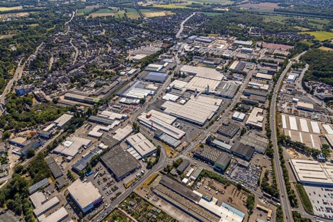 Aerial view, commercial area Moers-Hülsdonk, industrial area, Repelener Straße, Rheurdter Straße,