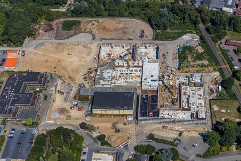 Aerial photo, Berufskolleg für Technik Mörs, construction site of new school building, vocational