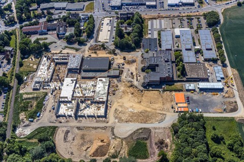 Aerial photo, Berufskolleg für Technik Mörs, construction site of new school building, vocational