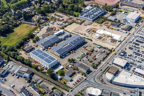 Aerial view, construction site ENNI factory and administration building, former carpenter's