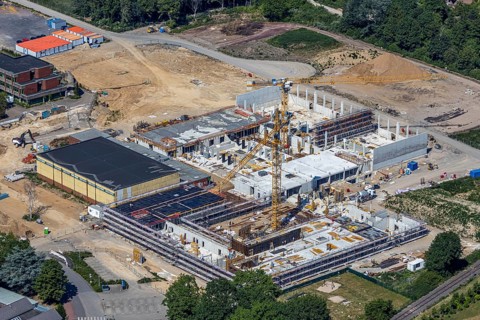 Aerial view, Berufskolleg für Technik Mörs, construction site of new school building,