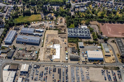 Aerial view, construction site ENNI factory and administration building, former carpenter's