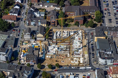 Aerial view, Horten C&A wasteland, new construction of 139 rental flats, Mörs, Ruhr area, North