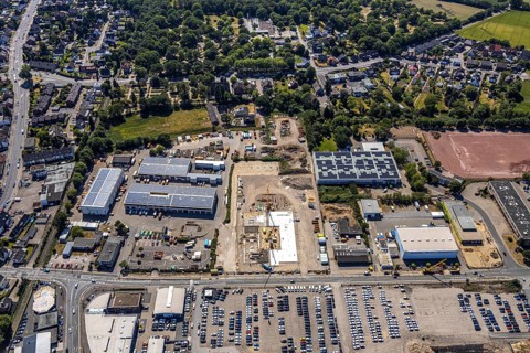 Aerial view, construction site ENNI factory and administration building, former carpenter's