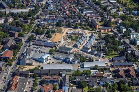Aerial view, Horten C&A wasteland, new construction of 139 rental flats, Mörs, Ruhr area, North