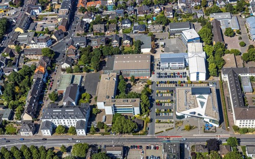 Aerial photograph, Mörs town archive, Mörs library, Gymnasium Adolfinum, Wilhelm-Schroeder-Straße,