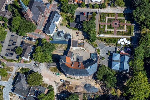 Aerial view, St. Josef Catholic Church, St. Josef Parish Office, Mörs Castle, Grafschafter Museum,